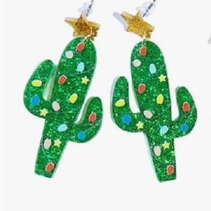 Glitter Christmas Cactus Acrylic Earrings with Star Topper